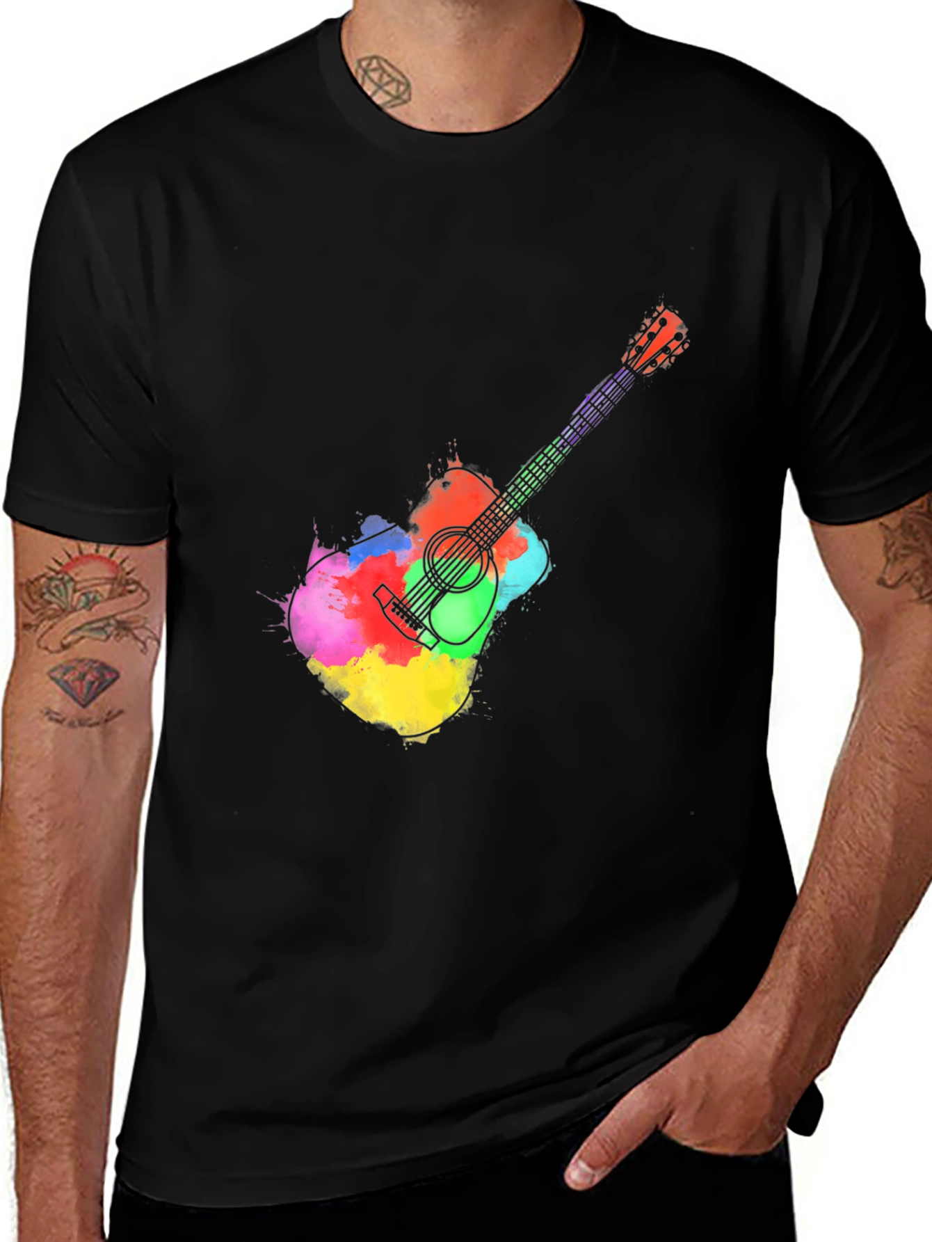Variant 24 of Watercolor Guitar Graphic Tee - Black T-Shirt