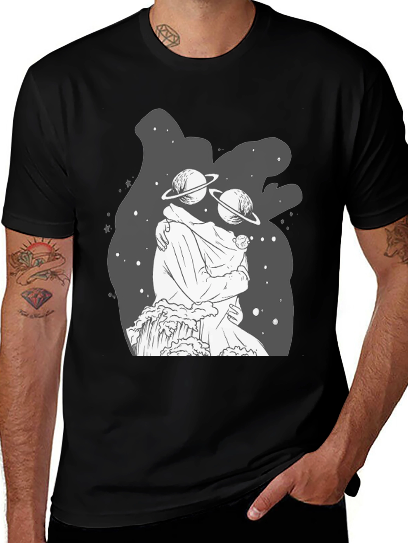 Variant 7 of Cosmic Embrace Black T-Shirt: Celestial Love Design