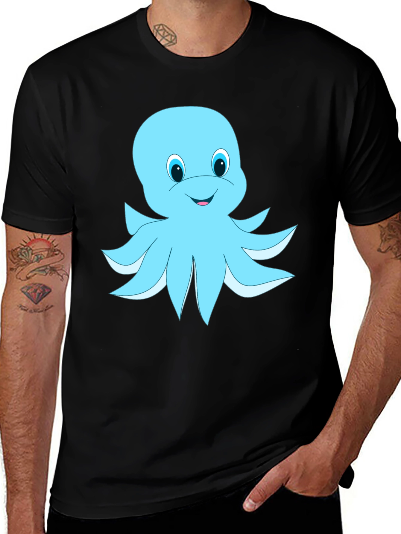 Variant 2 of Cartoon Octopus Graphic Black T-Shirt