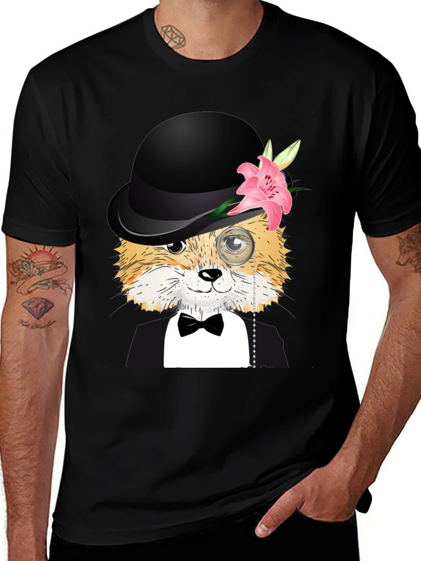 Variant 20 of Dapper Fox T-Shirt: Bowler Hat, Monocle, & Bowtie!