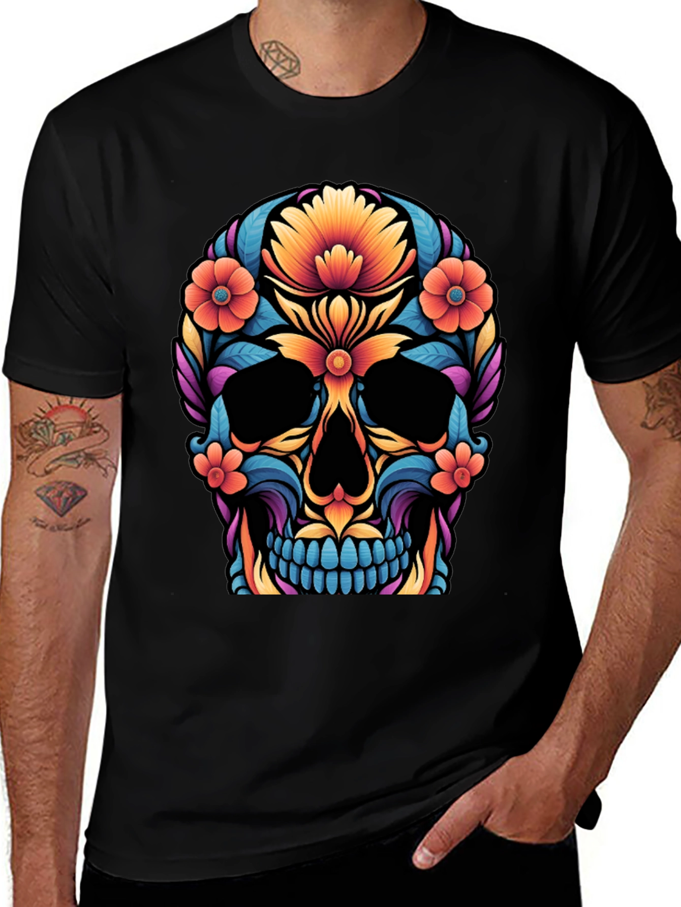 Variant 11 of Floral Skull Graphic Tee - Day of the Dead Style