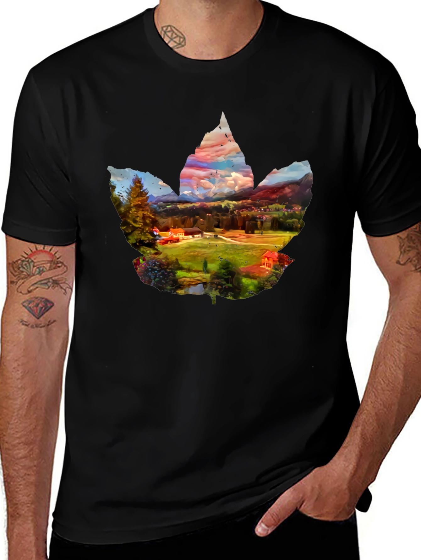 Variant 30 of Nature Landscape Leaf Print Black T-Shirt