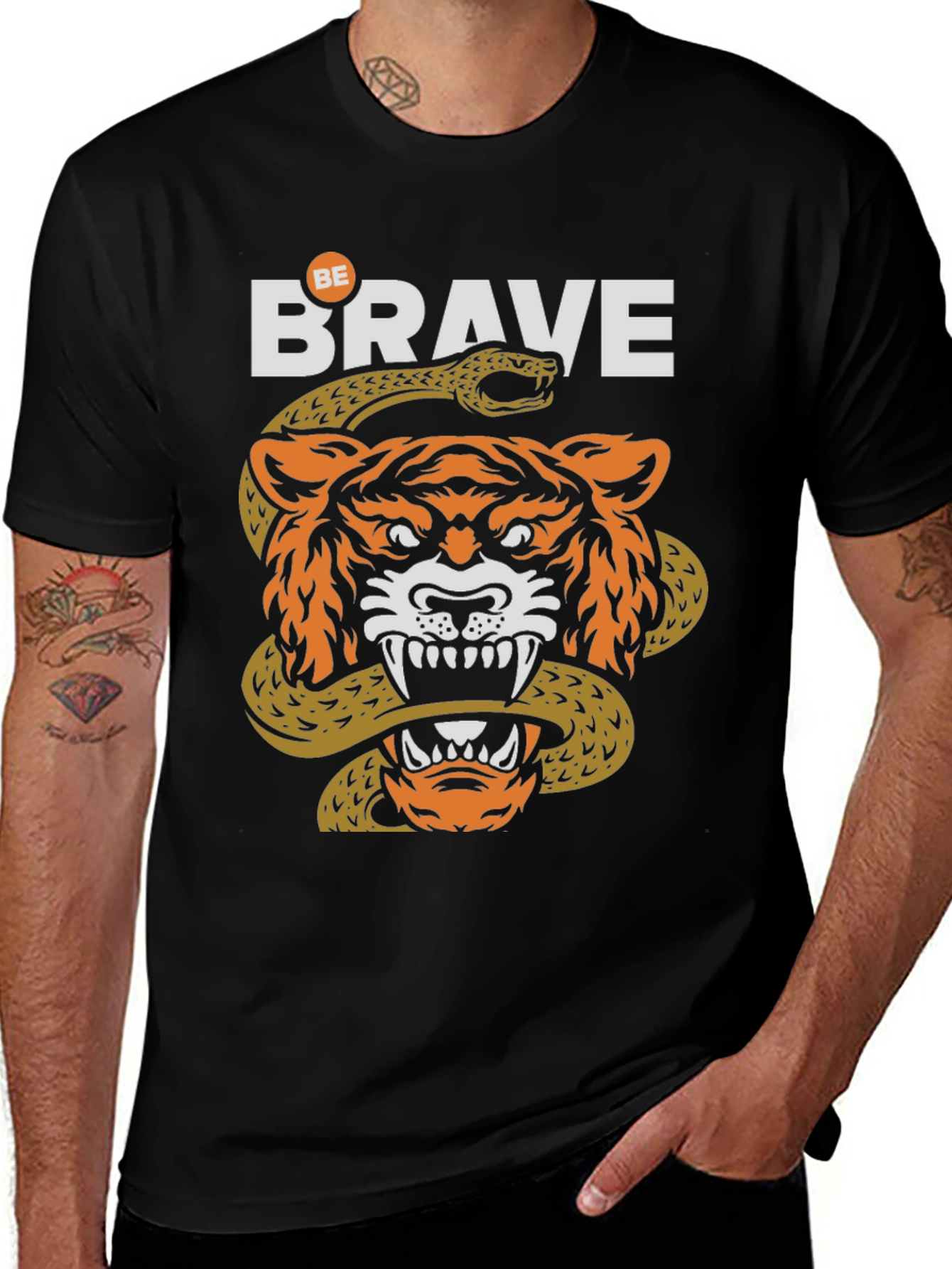 Be Brave Tiger & Snake Graphic Black T-Shirt