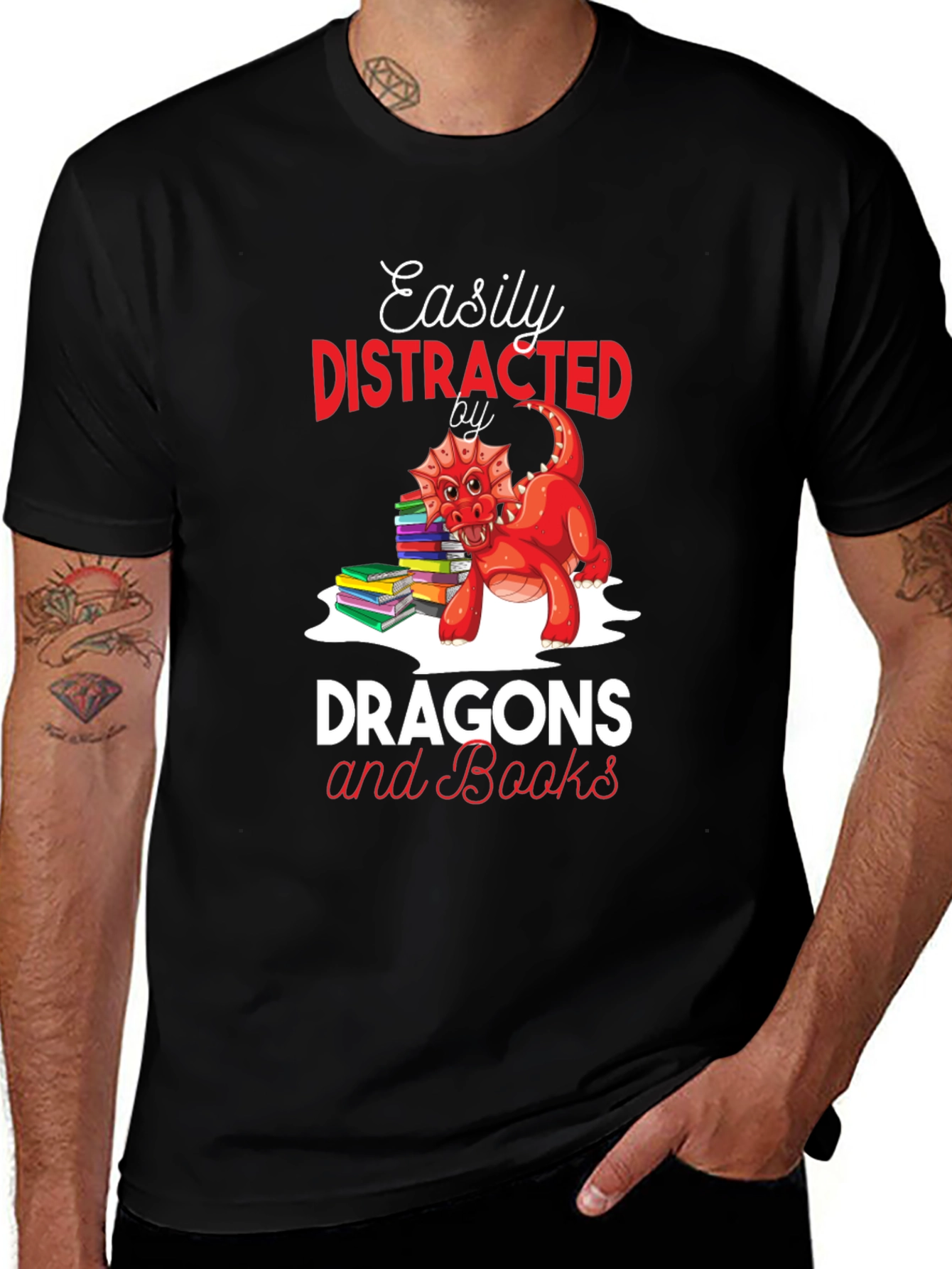 Variant 2 of Easily Distracted by Dragons & Books Black T-Shirt