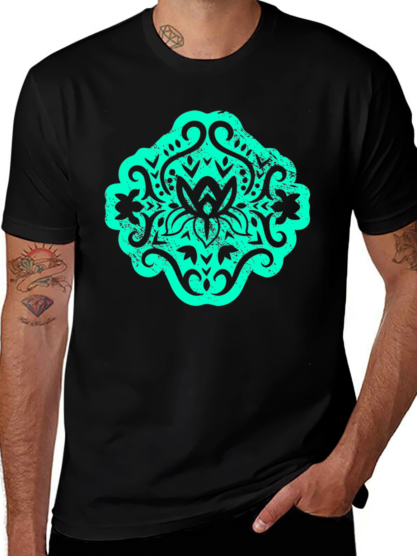 Variant 9 of Black Tee with Teal Distressed Floral Mandala Print