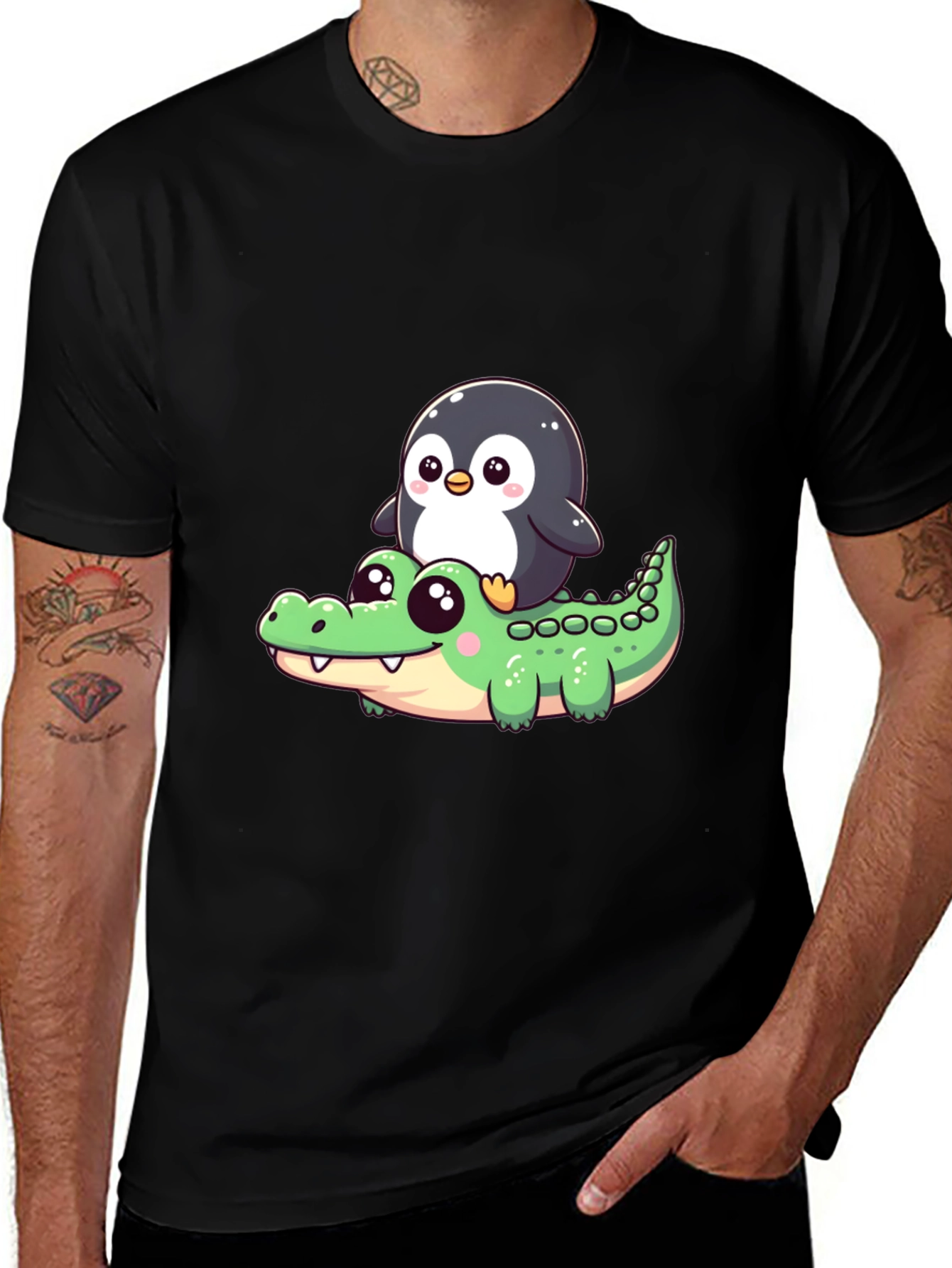 Black Cute Penguin Riding Alligator Graphic Tee - Black main image