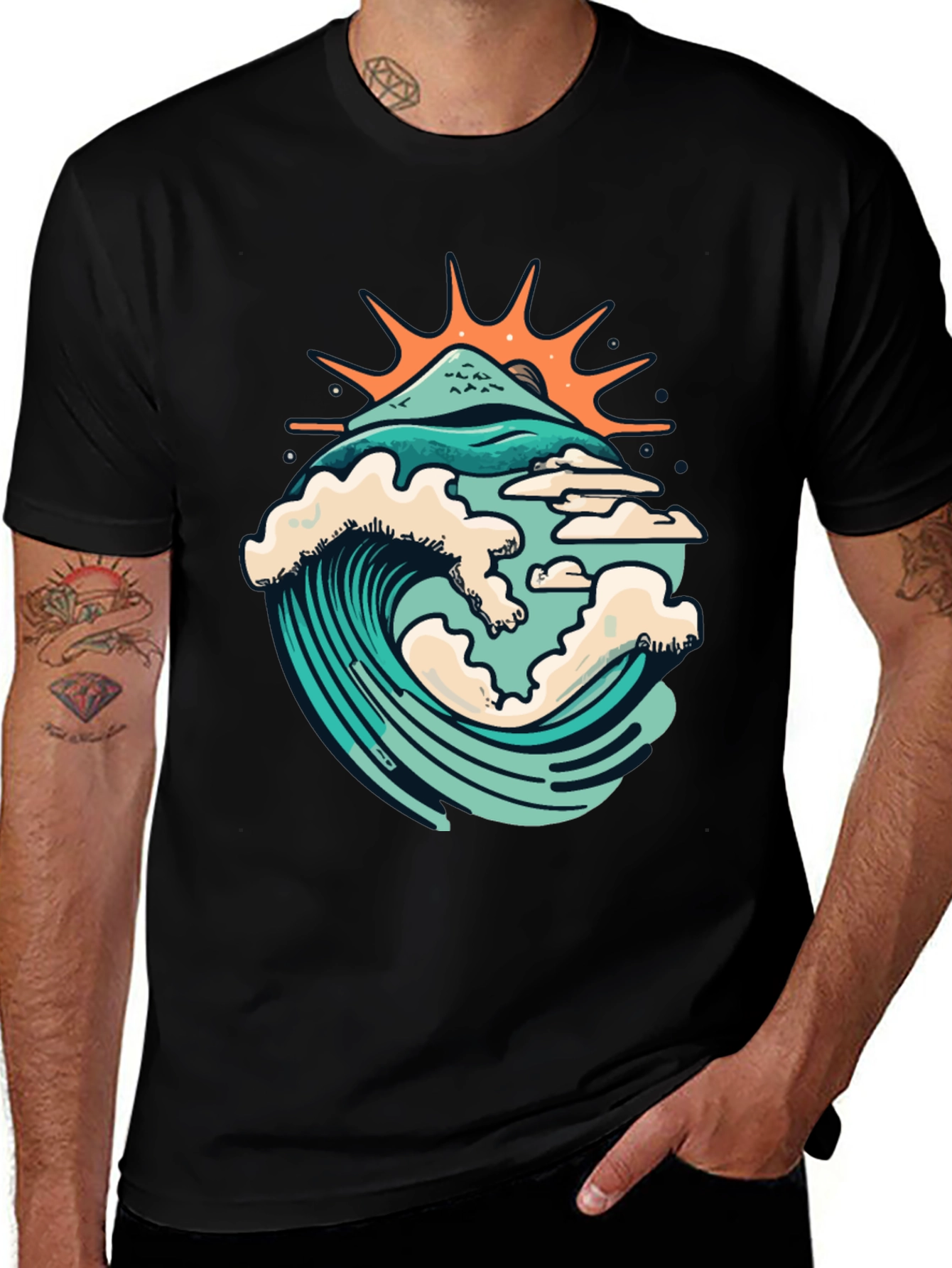Variant 4 of Ocean Wave Graphic Tee - Unique Mountain Sun Design