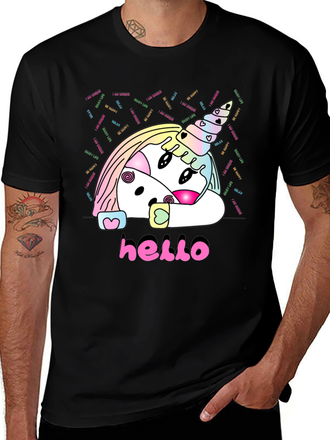 Variant 17 of Unicorn Hello Black T-Shirt Graphic Tee