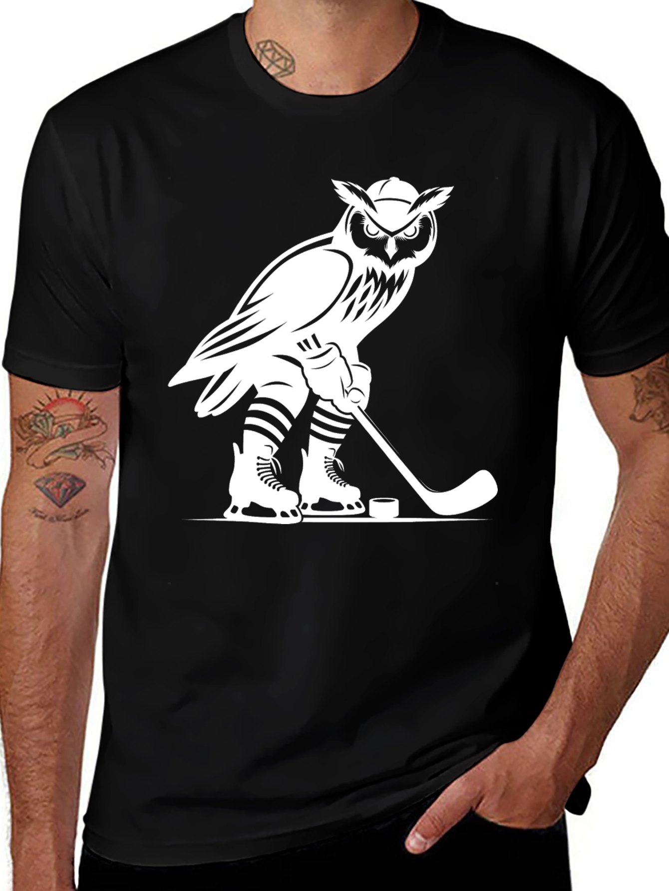 Variant 7 of Owl Hockey Player Graphic T-Shirt - Black