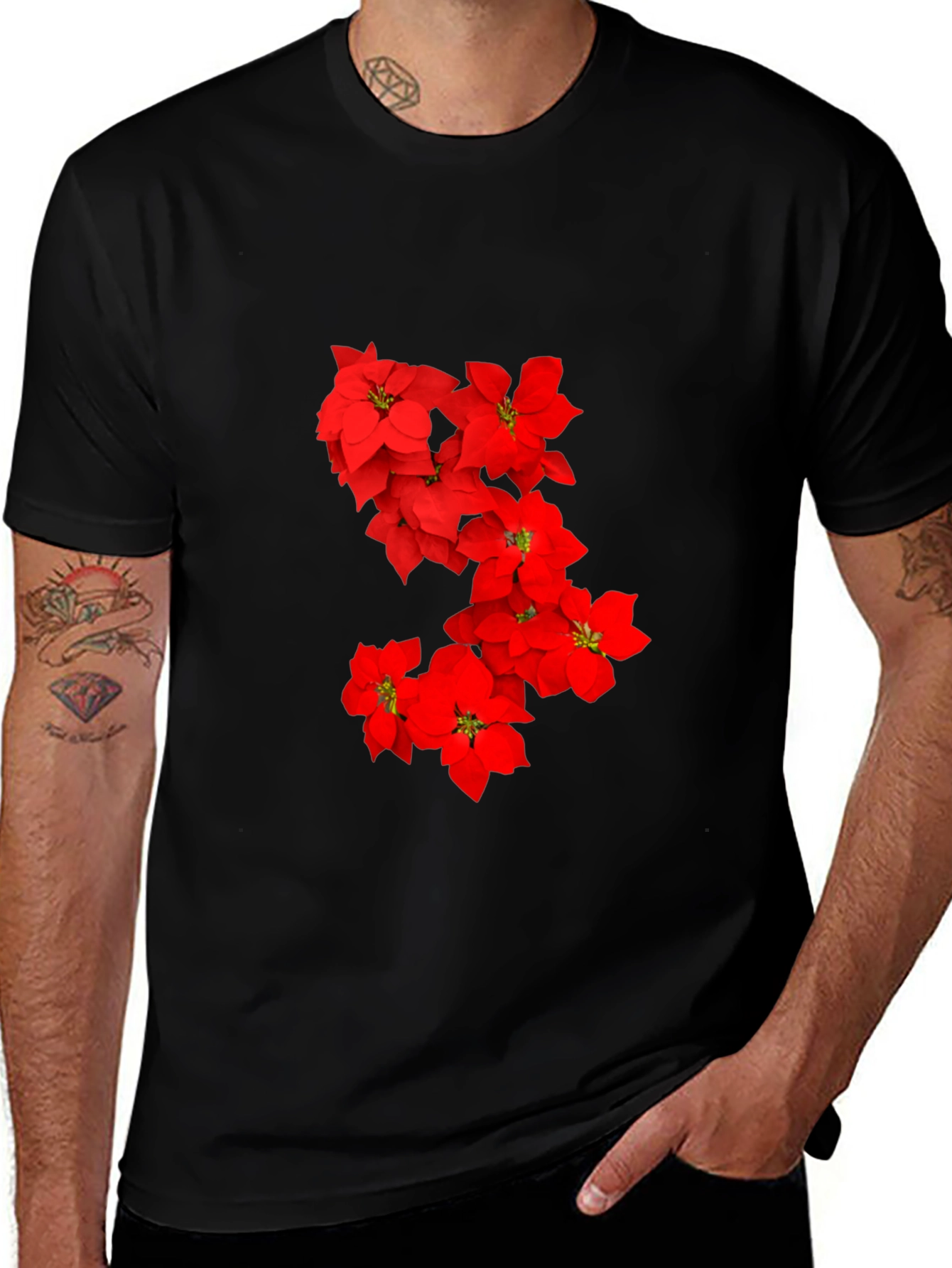 Variant 10 of Red Floral Print Black T-Shirt for Men