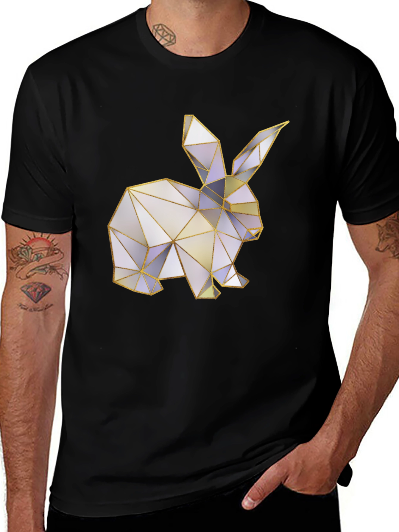 Geometric Bunny Graphic Tee - Black Casual T-Shirt