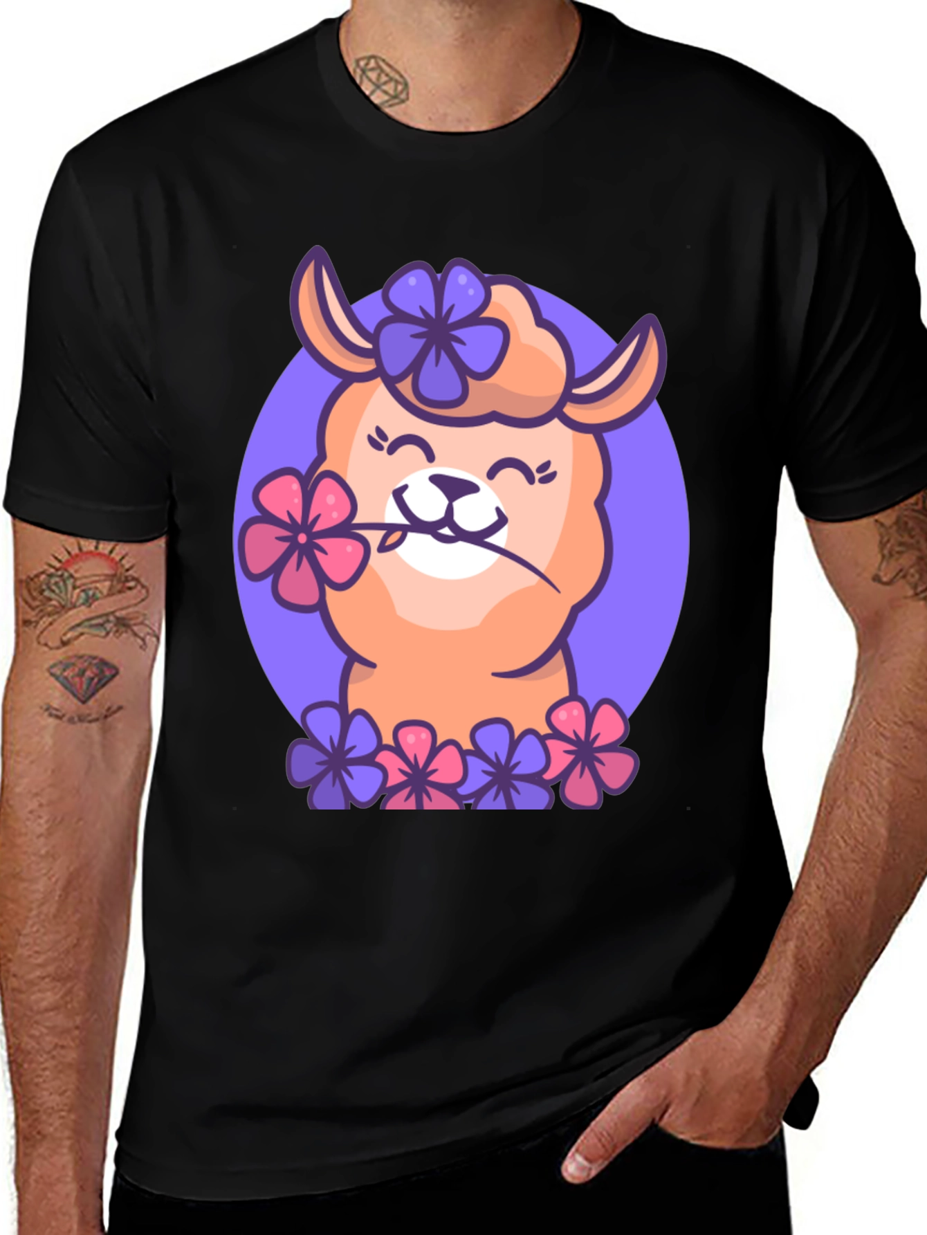Variant 23 of Llama Flower Power T-Shirt - Cute Cartoon Design