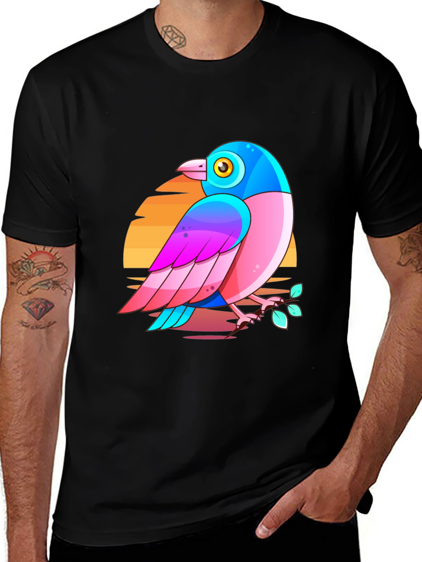 Variant 4 of Vibrant Bird Graphic Tee - Black Cotton Comfort
