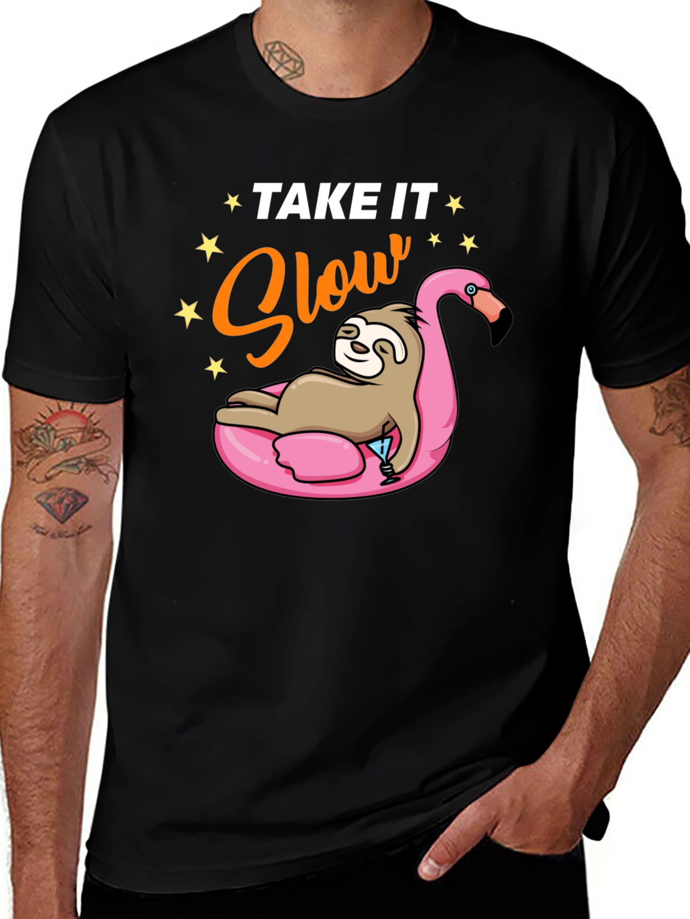 Variant 7 of Take it Slow Sloth Flamingo Pool Party T-Shirt