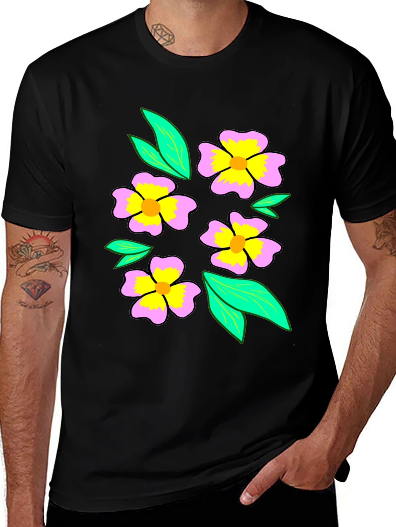 Variant 6 of Floral Print Black T-Shirt for Men