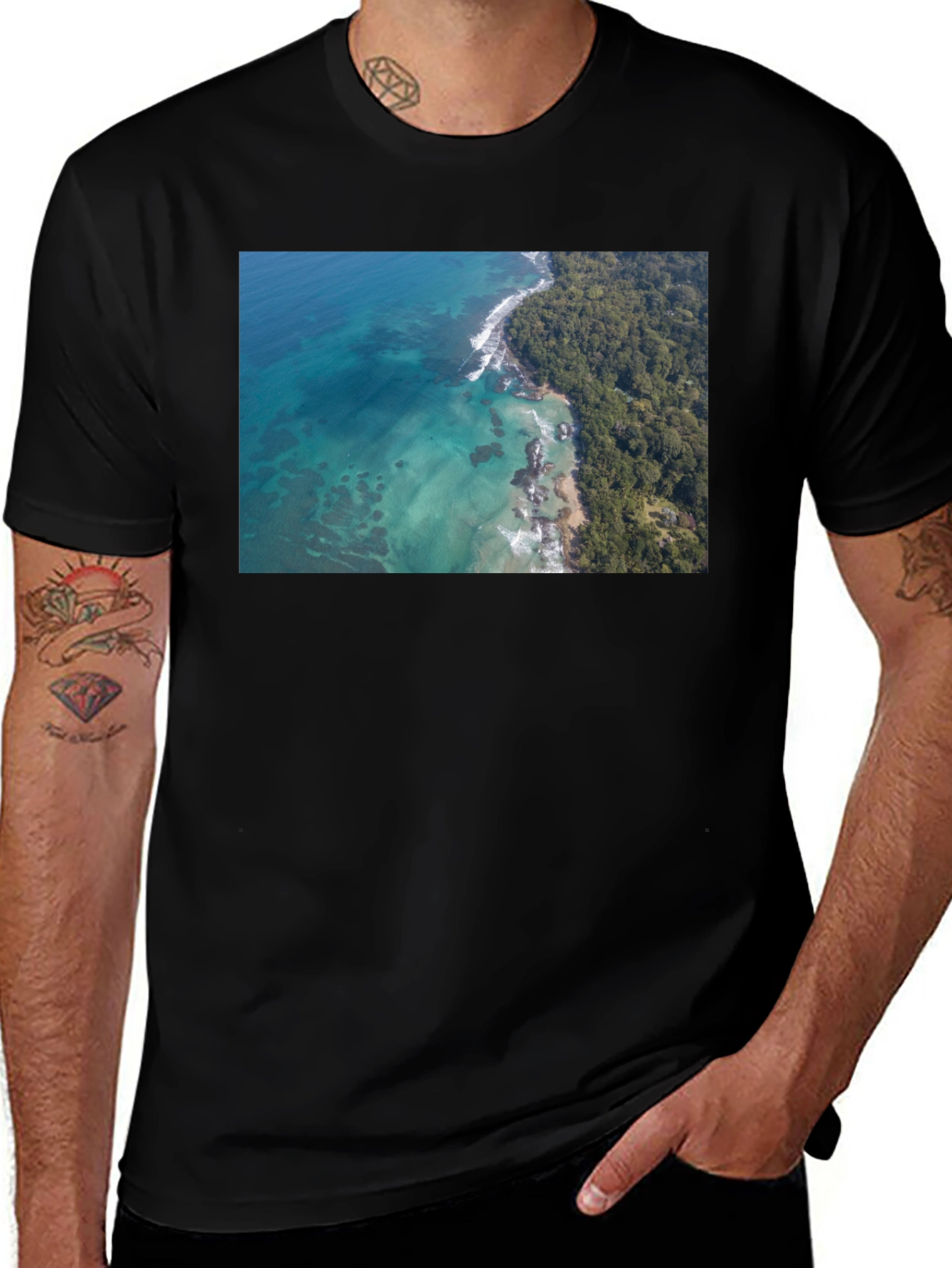 Variant 4 of Tropical Ocean Print Black T-Shirt