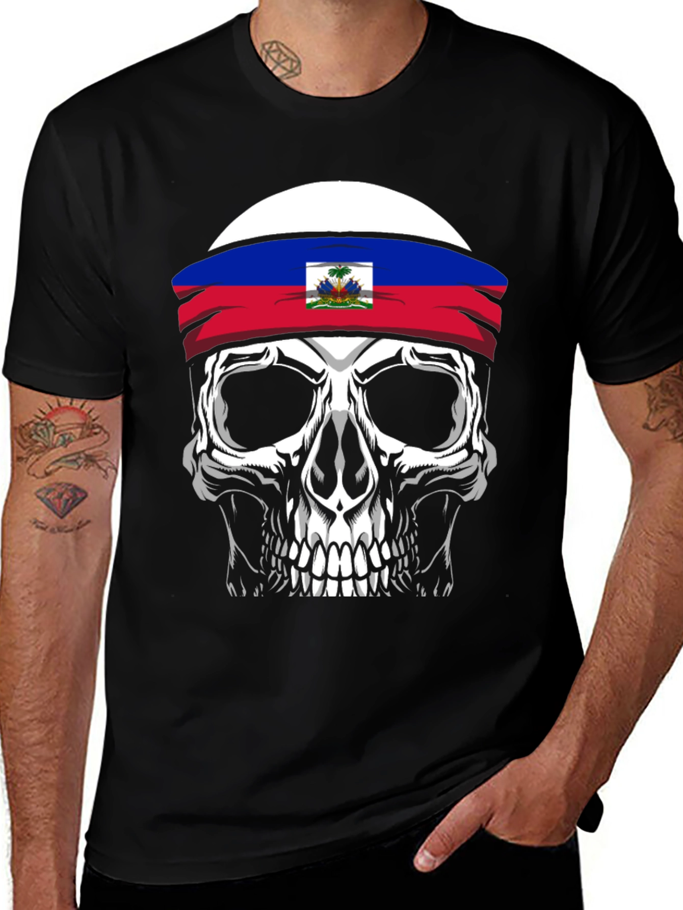 Variant 16 of Haiti Flag Skull Graphic Tee - Men's Black T-Shirt