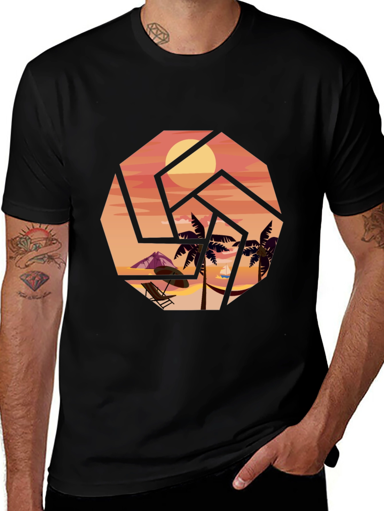 Variant 30 of Tropical Beach Graphic Tee - Stylish Men's Black T-Shirt