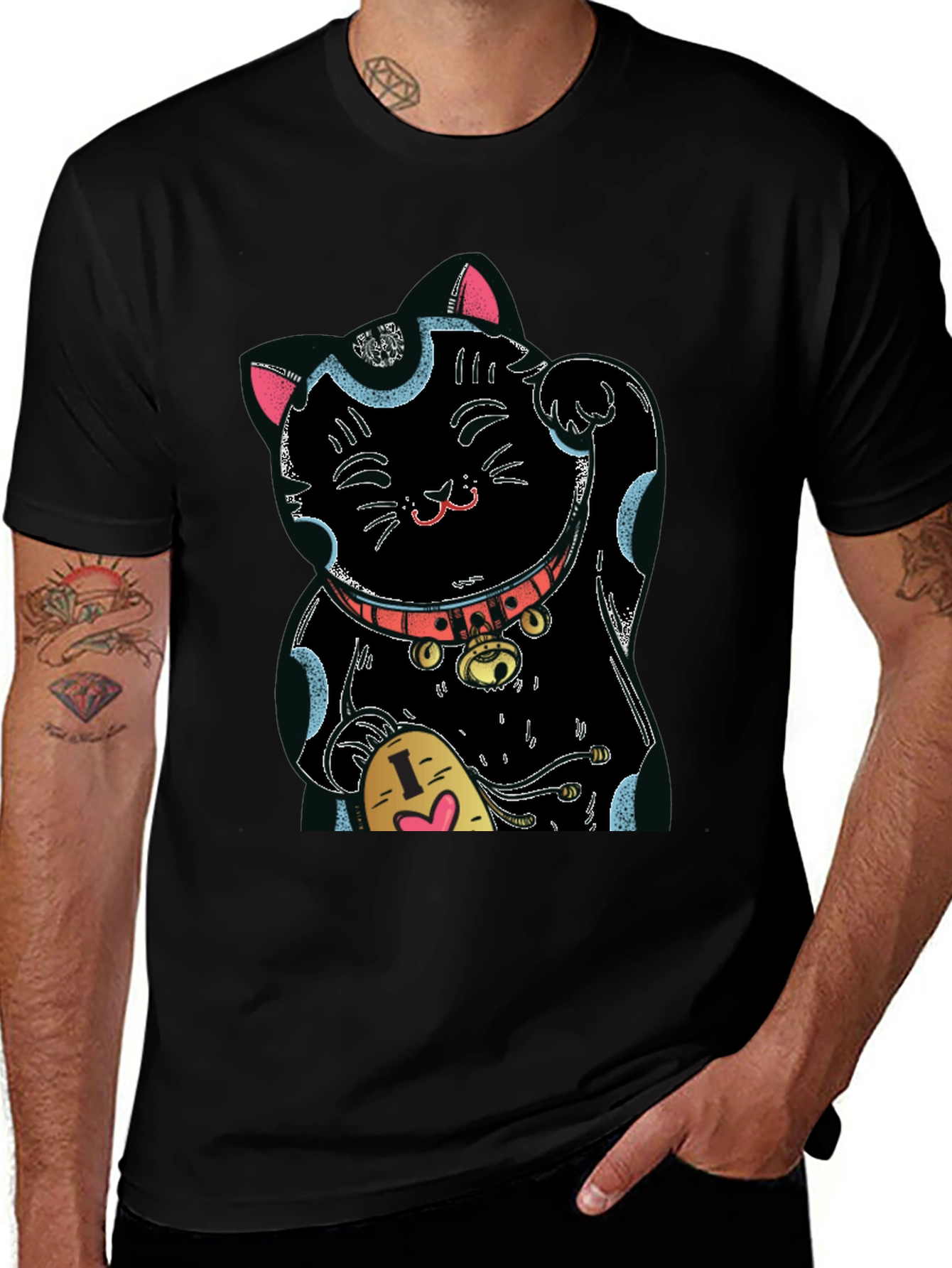 Variant 8 of Lucky Cat Graphic Tee - Black Cotton Blend