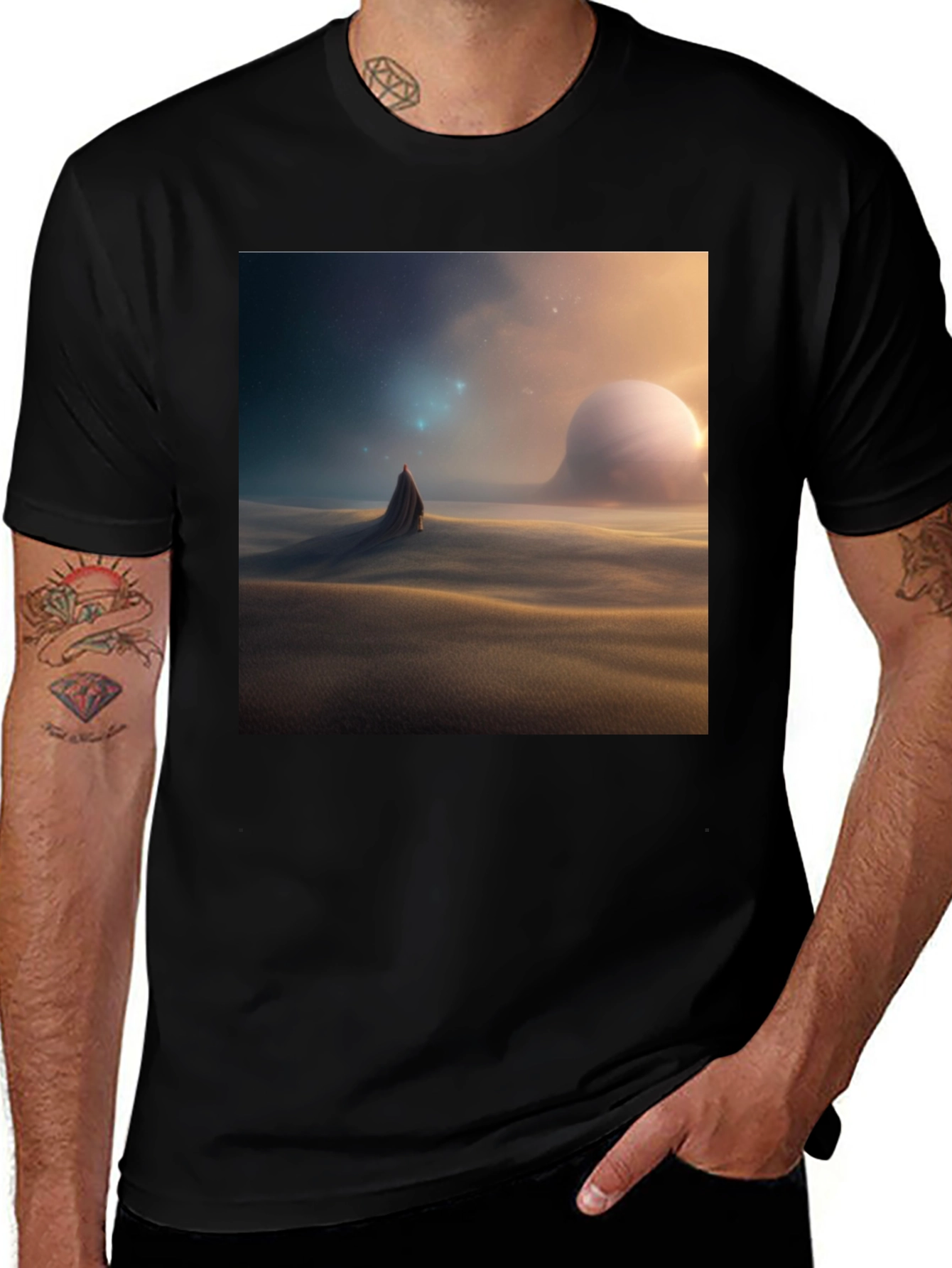 Variant 6 of Sci-Fi Desert Graphic Tee - Black Cotton Comfort