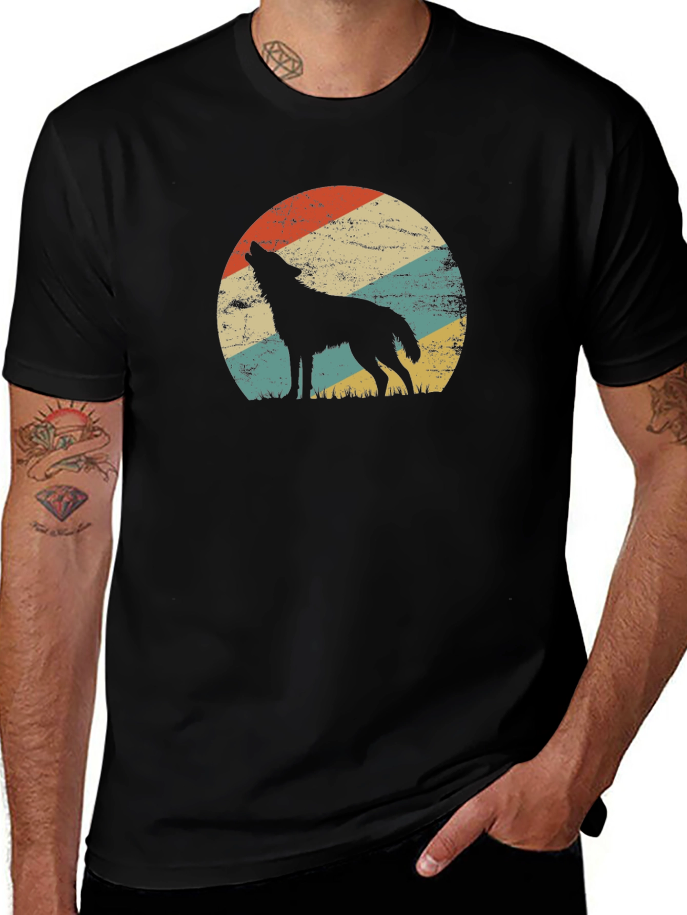 Variant 10 of Wolf Silhouette Retro Sunset Black T-Shirt