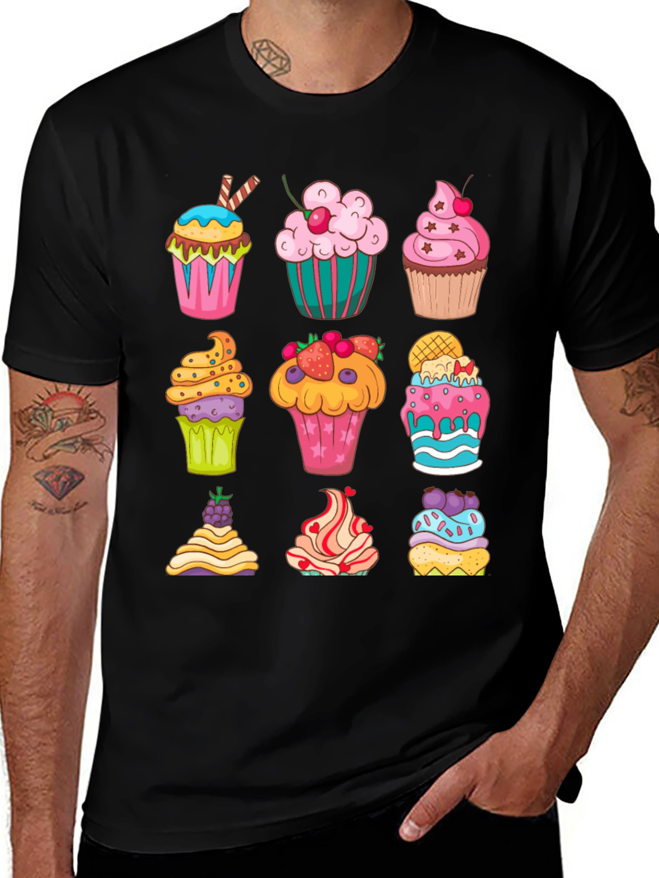 Variant 8 of Cupcake Print Black T-Shirt - Sweet Treat Design