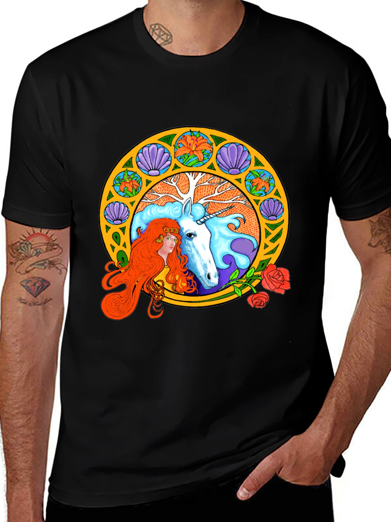Variant 4 of Unicorn and Lady Graphic Print Black T-Shirt