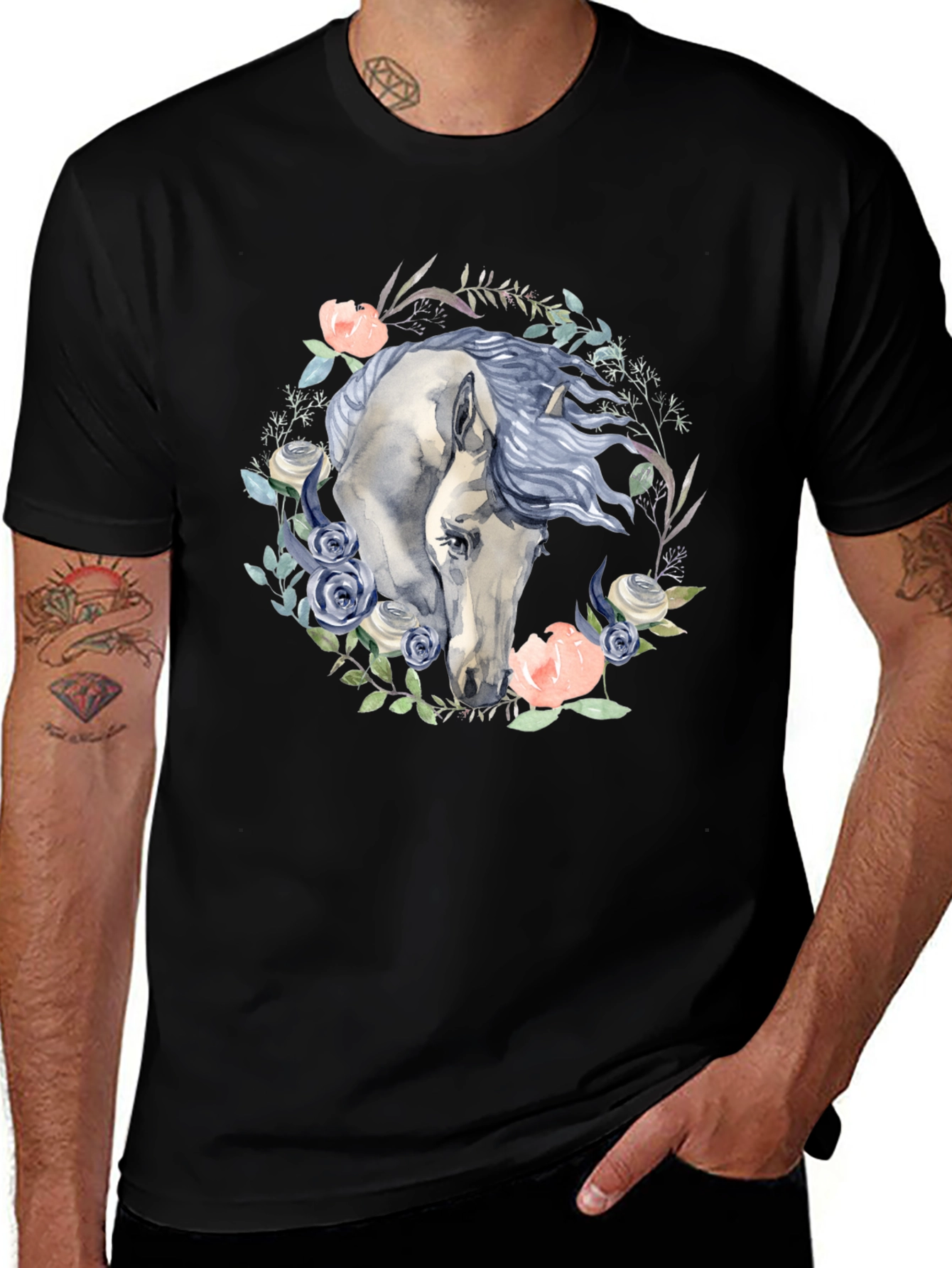 Variant 18 of Floral Horse Graphic Tee - Black