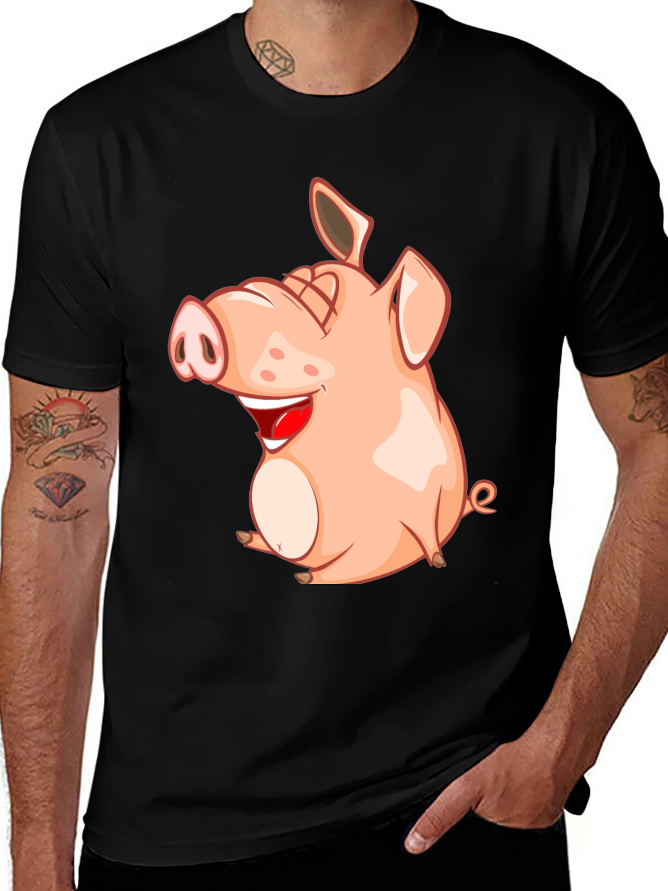 Variant 14 of Funny Pig Cartoon Graphic Black T-Shirt