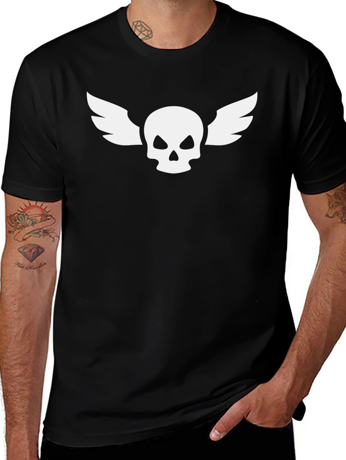Variant 10 of Black Tee with White Skull and Wings Graphic