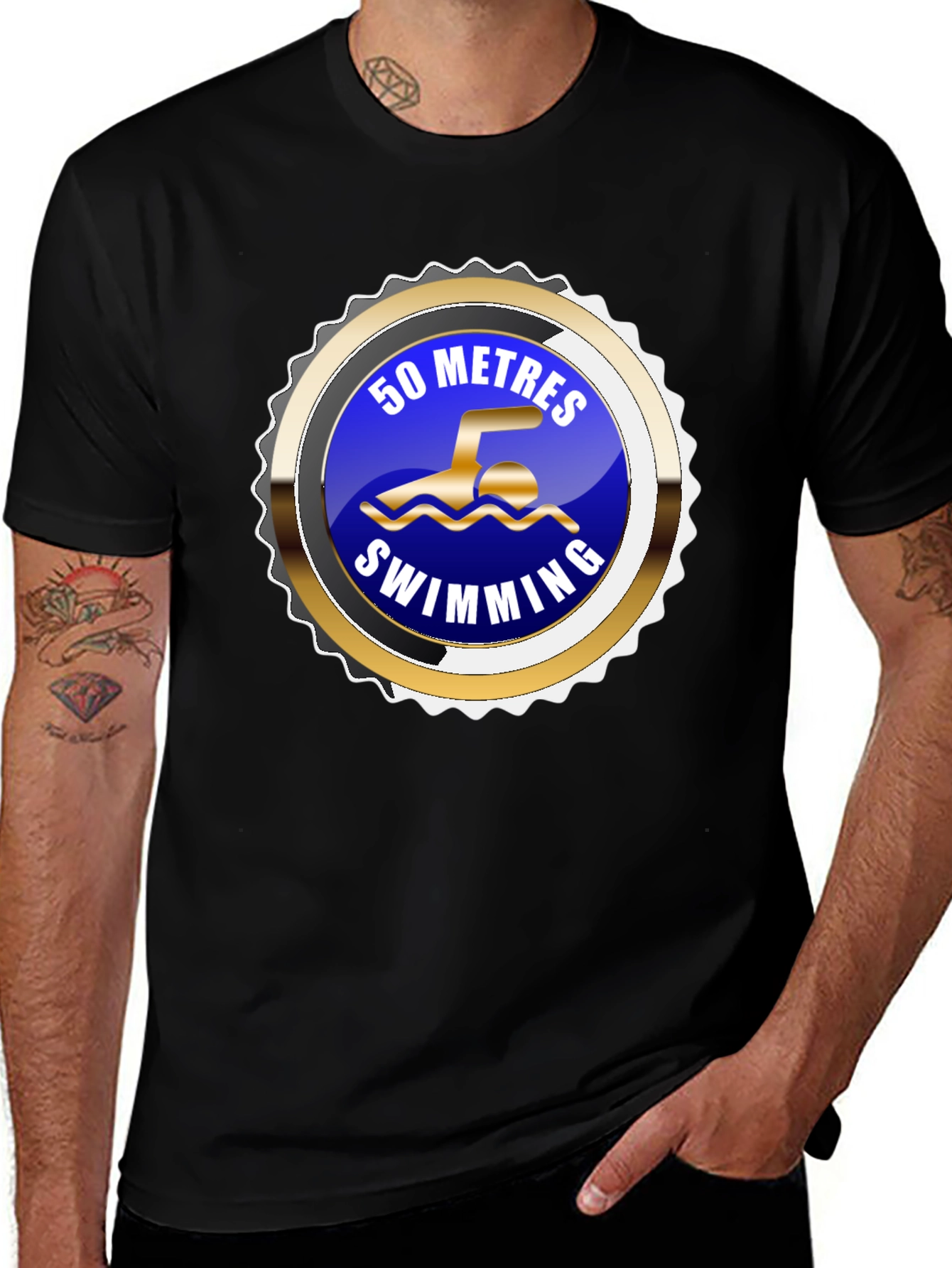 Variant 21 of 50 Metres Swimming T-Shirt - Black, Sporty Design