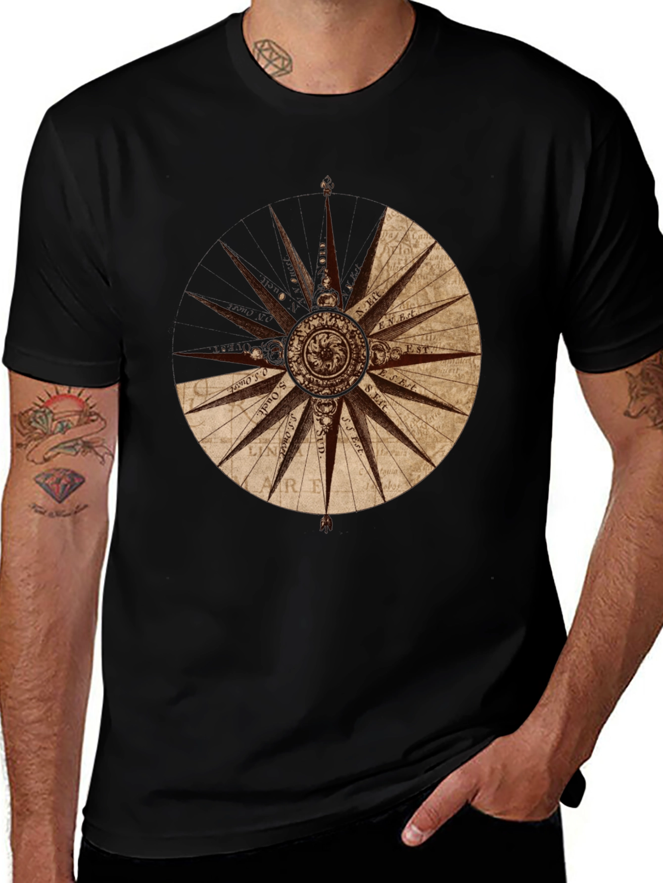 Variant 19 of Nautical Compass Rose Graphic Tee - Black Cotton