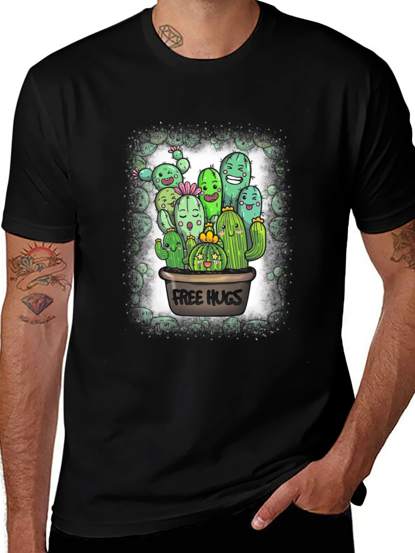 Variant 12 of Free Hugs Cactus Graphic Tee - Black Cotton Casual T-Shirt