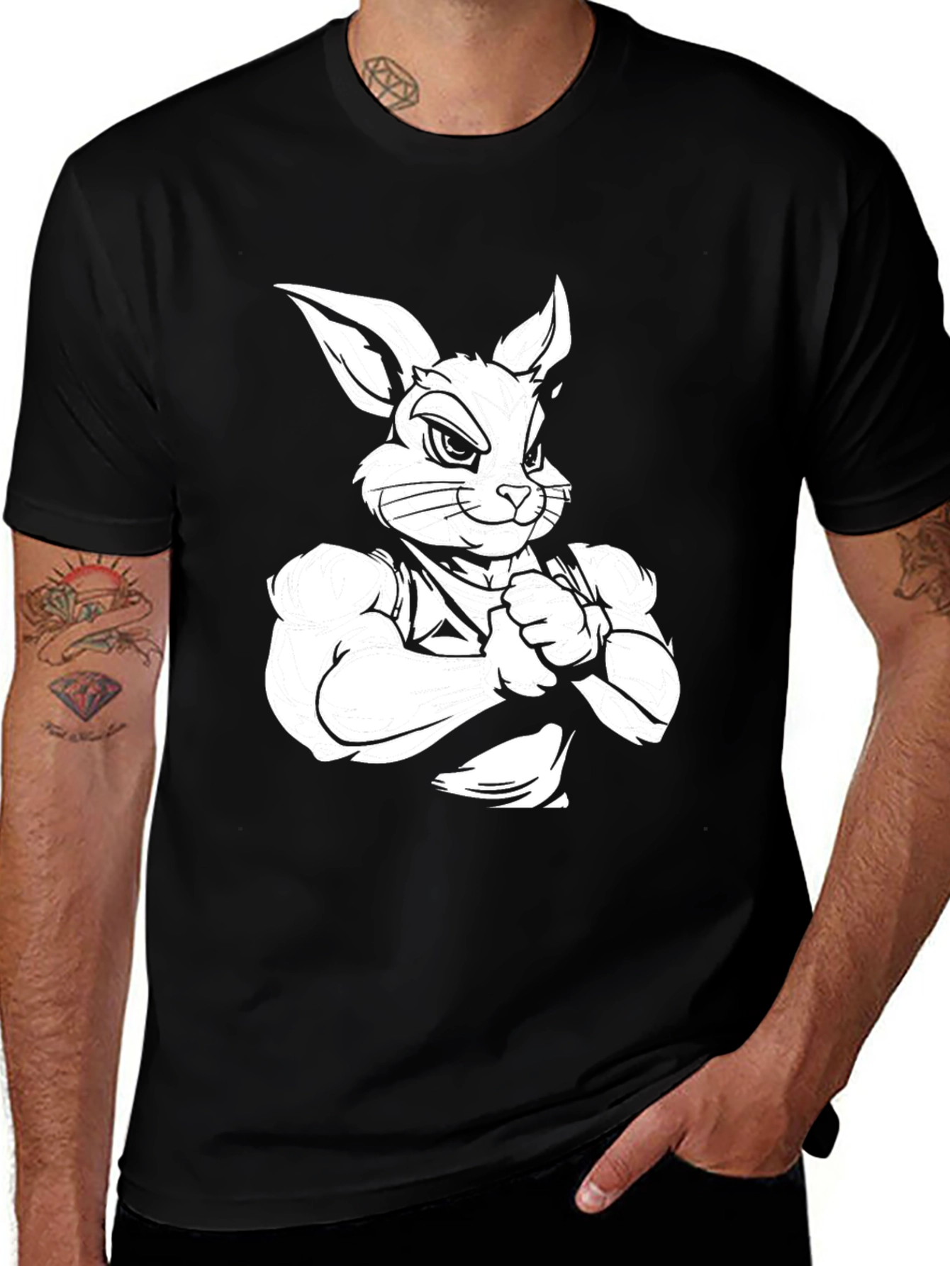 Black Black T-Shirt with Muscular Rabbit Graphic main image