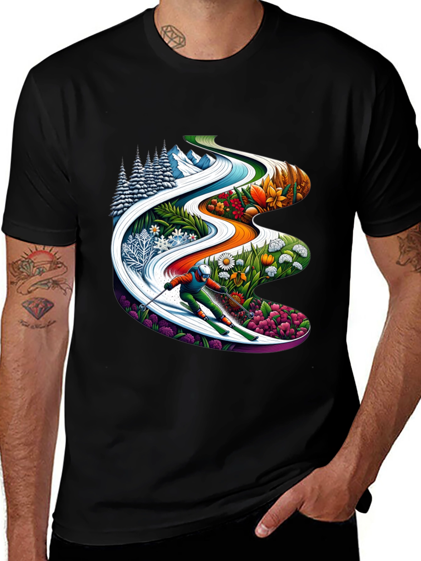 Variant 21 of Seasons Skiing Graphic Tee -  Black Cotton T-Shirt