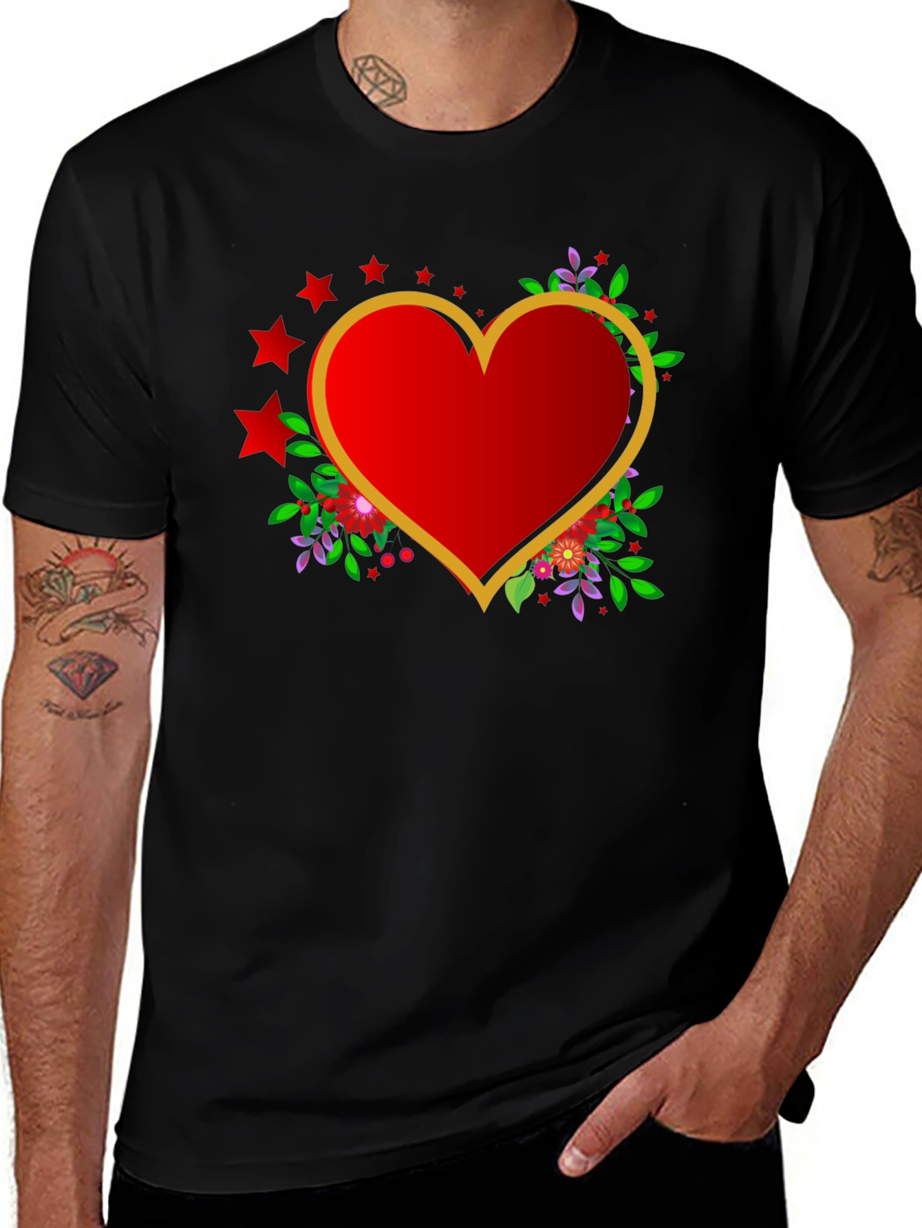 Variant 23 of Heart & Flowers Graphic Tee - Black Cotton Blend Casual Shirt