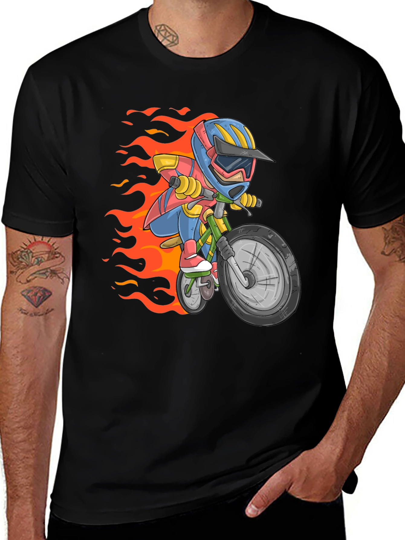 Variant 7 of Cartoon Biker Graphic Tee - Black Cotton Casual T-Shirt