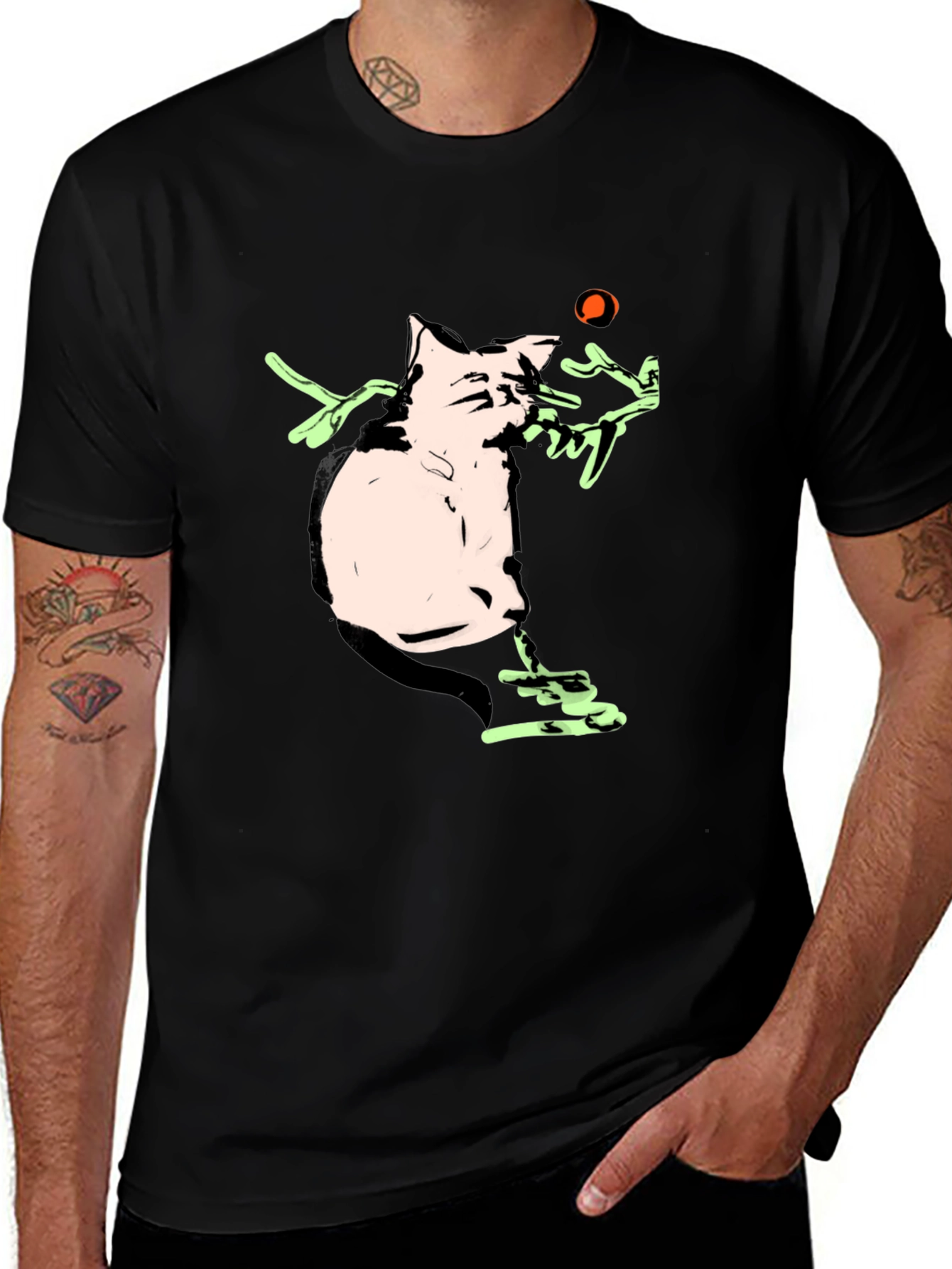 Variant 13 of Cartoon Cat Playing With a Ball Black T-Shirt