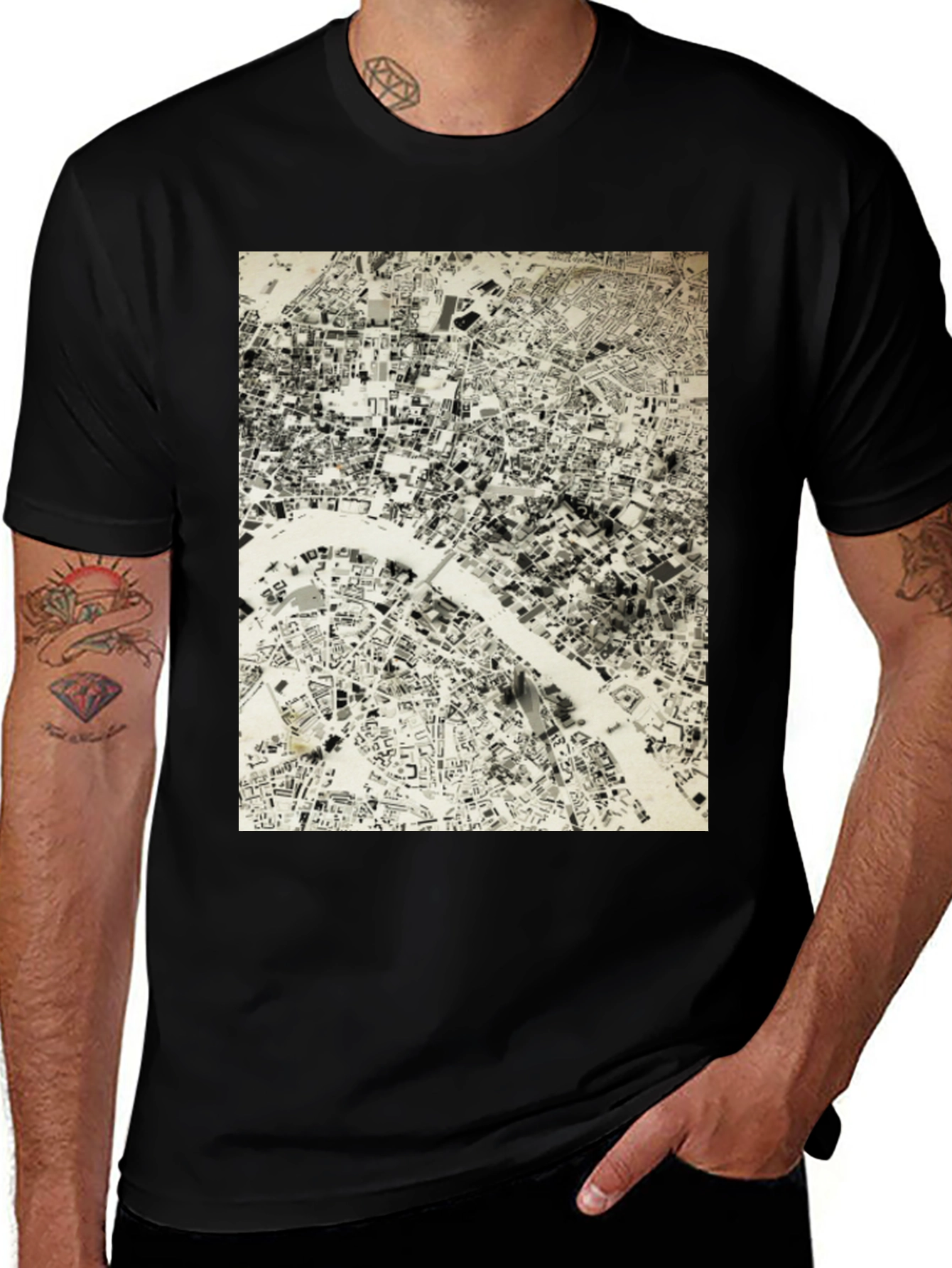 Variant 6 of Vintage Map Print Tee - Black Cotton T-Shirt