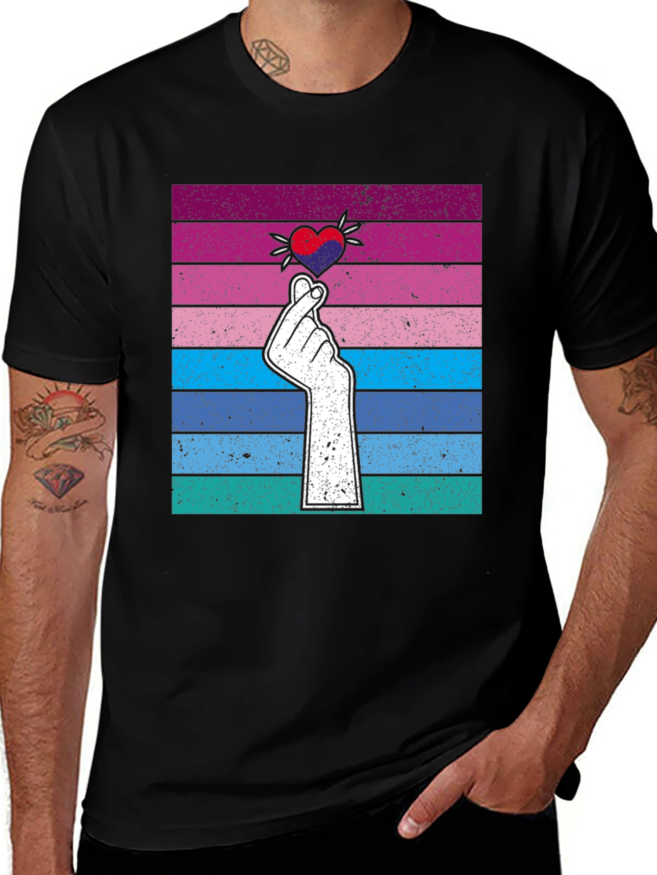 Variant 2 of Korean Finger Heart T-Shirt - Retro Striped Design