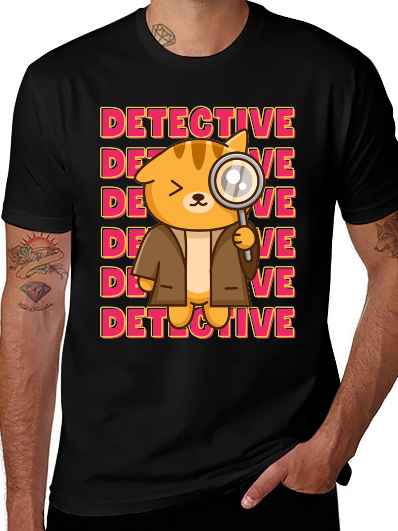 Detective Cat T-Shirt - Cute Cartoon Sleuth Tee