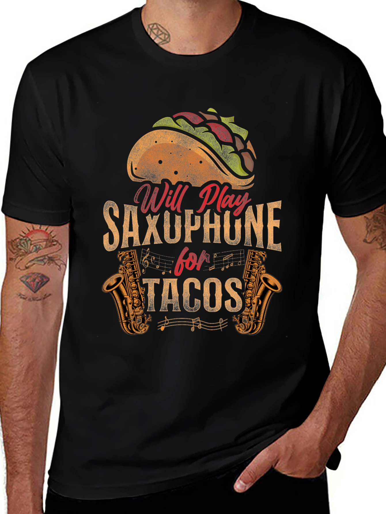 Variant 28 of Will Play Saxophone for Tacos Men's Graphic Tee
