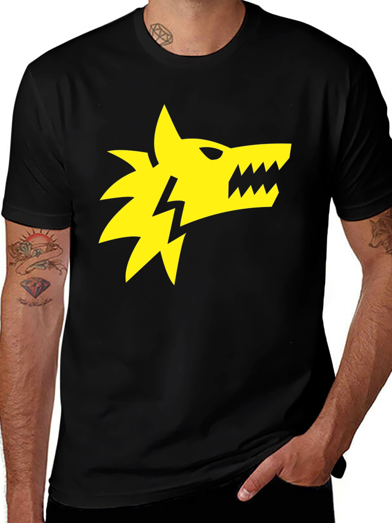Variant 24 of Black T-Shirt with Yellow Wolf Lightning Bolt Graphic