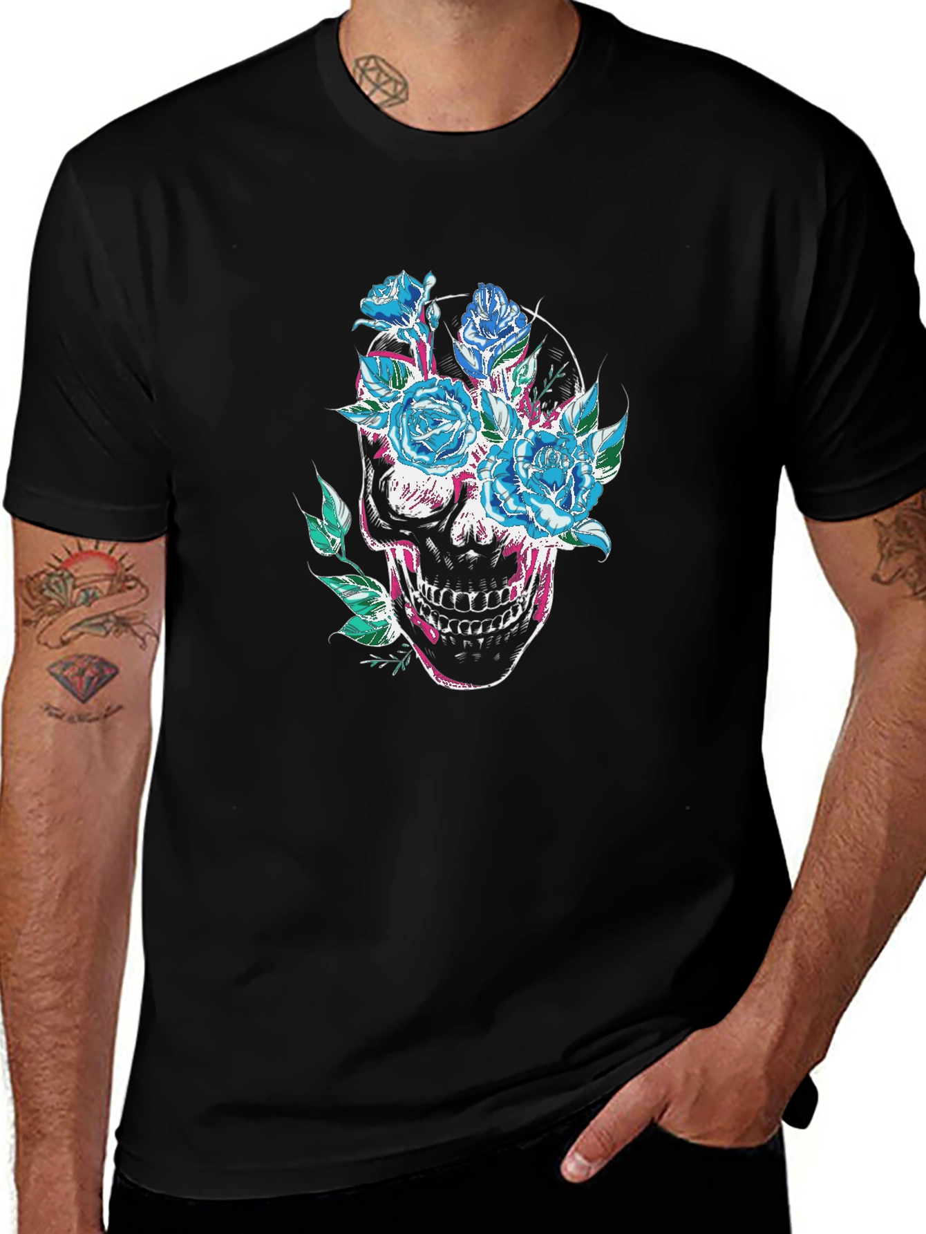 Variant 10 of Floral Skull Graphic Tee - Men's Black T-Shirt