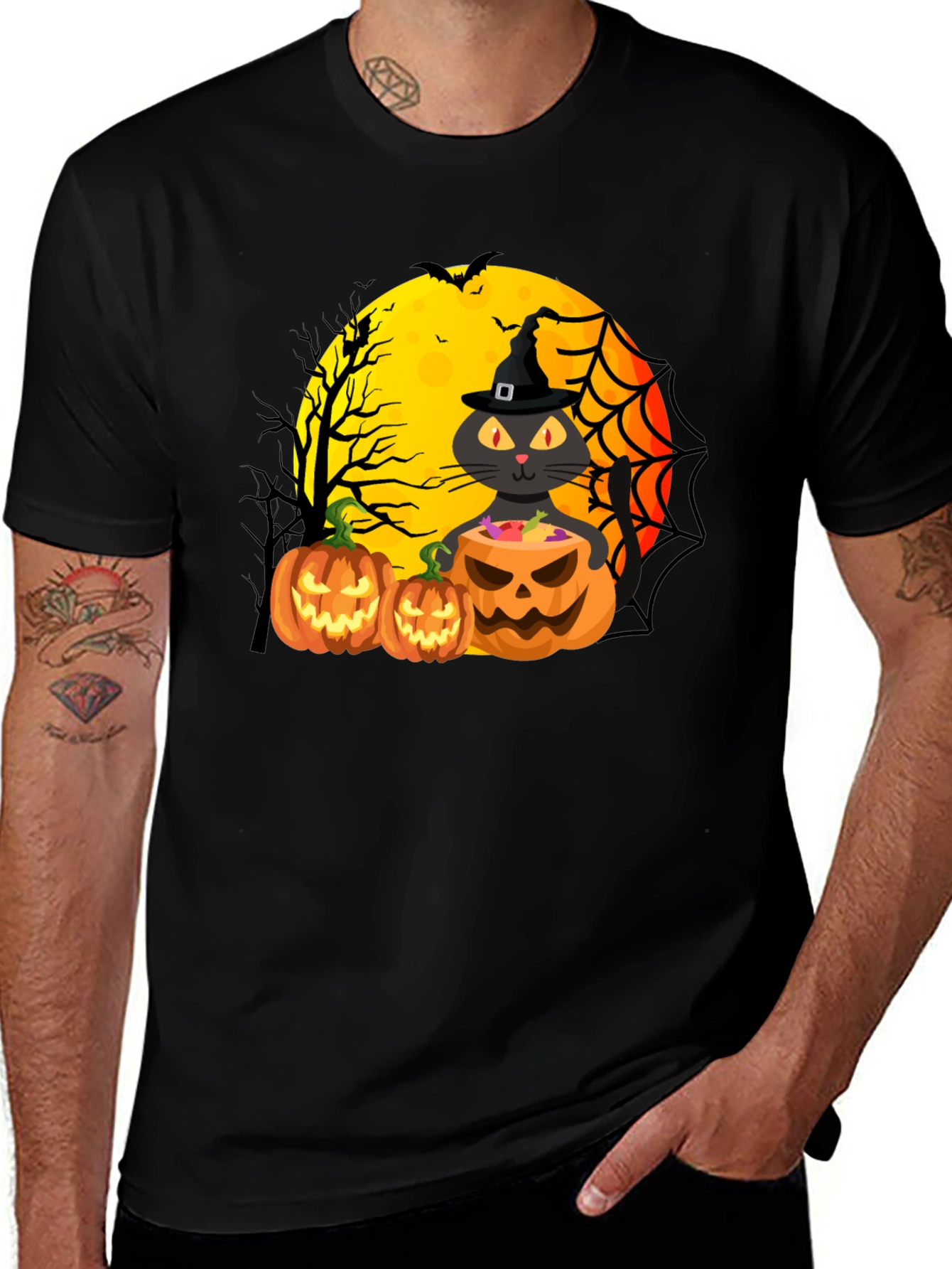 Variant 7 of Halloween Cat & Pumpkins Black T-Shirt