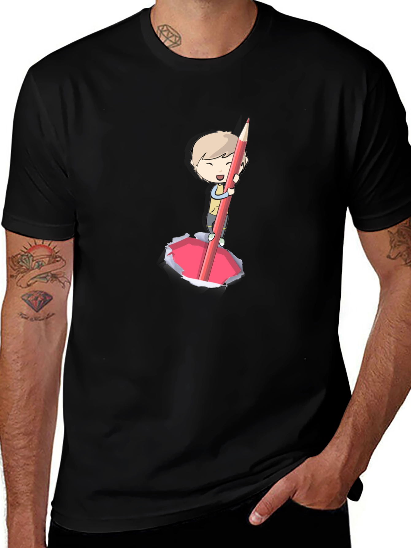 Variant 2 of Cartoon Boy Pencil Art Black T-Shirt