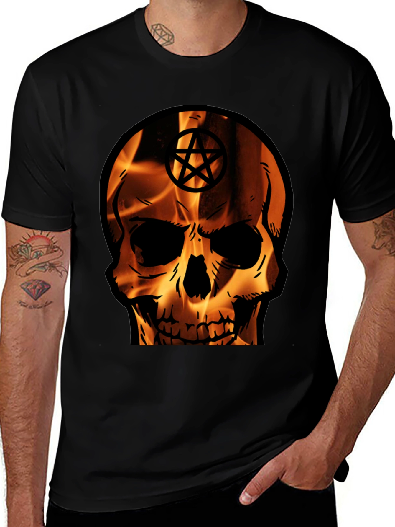 Variant 10 of Flaming Skull Pentagram Graphic Tee - Black