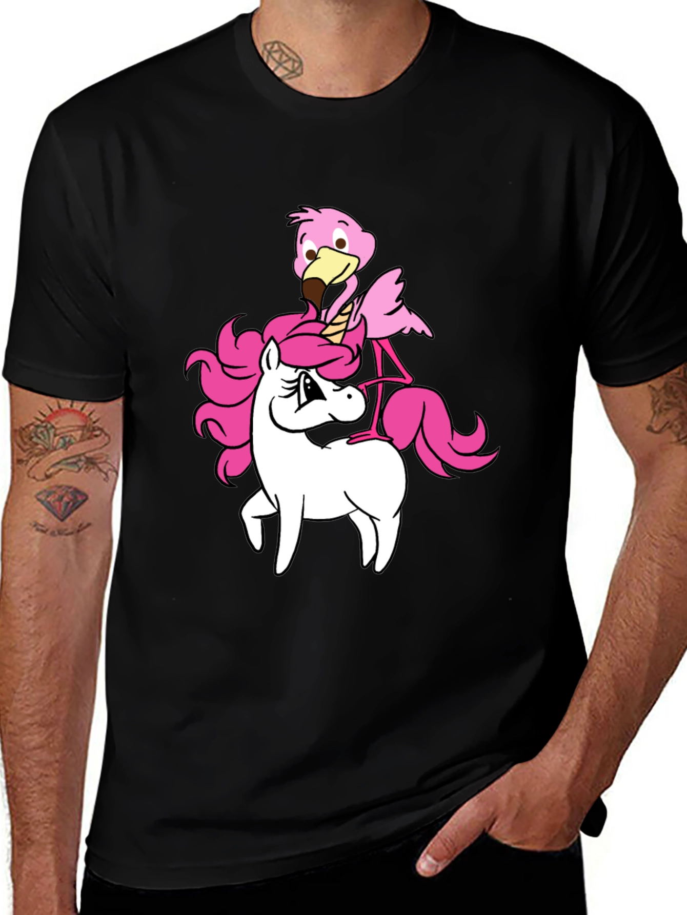 Variant 4 of Unicorn Flamingo Graphic T-Shirt - Black Cotton Tee