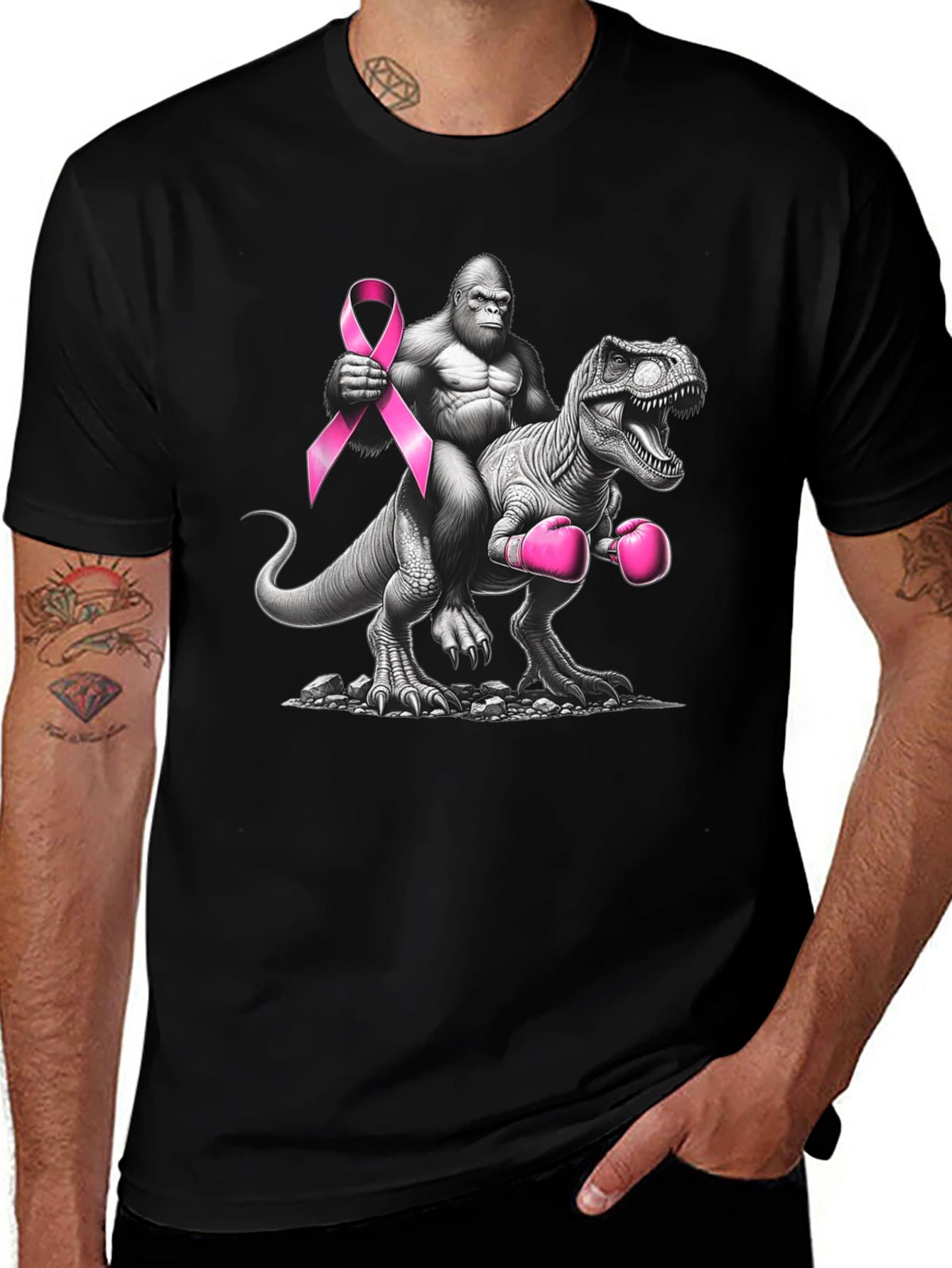 Black Gorilla Riding Dino Breast Cancer Awareness T-Shirt main image
