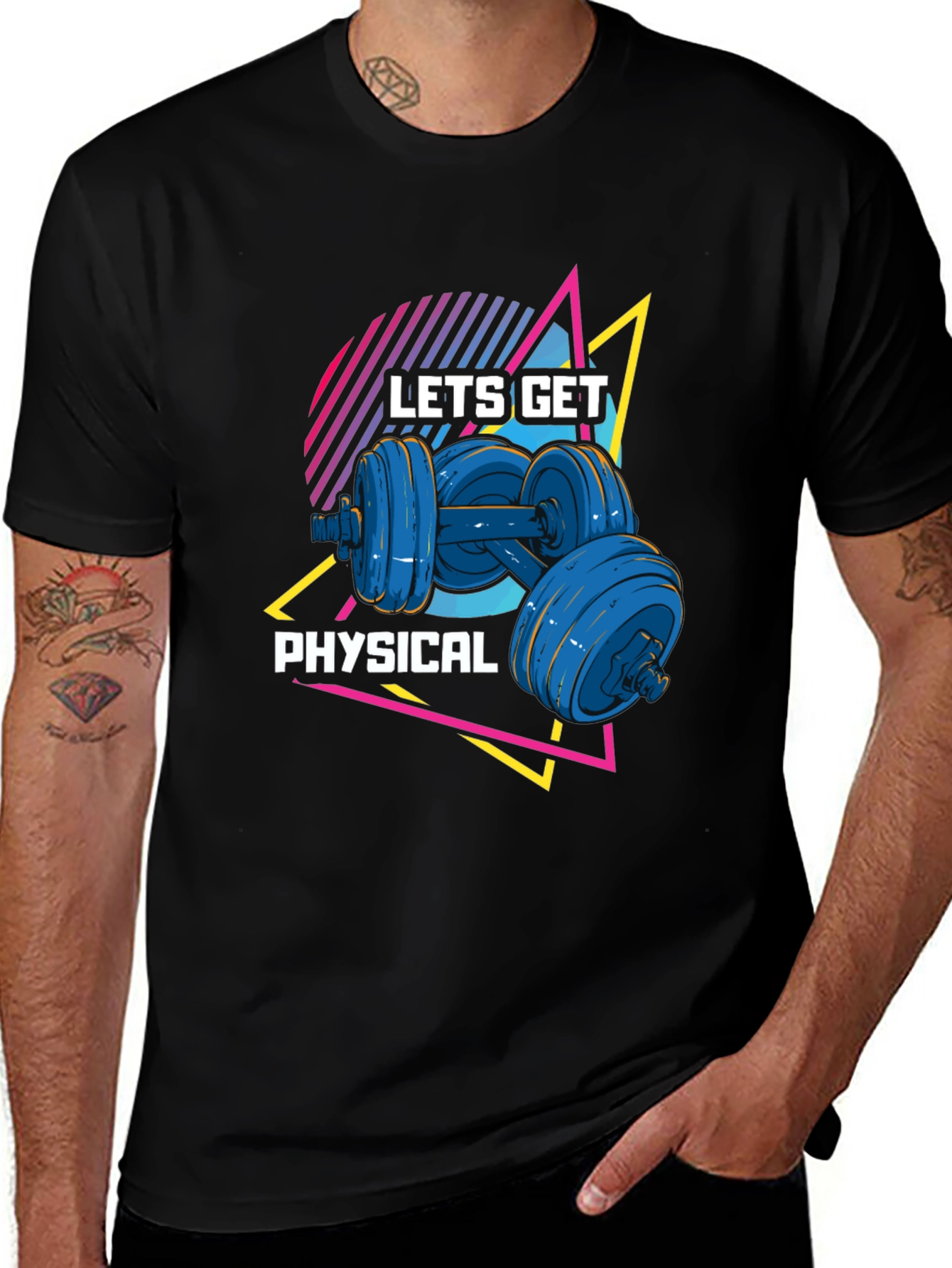 Variant 2 of Lets Get Physical Black T-Shirt Retro Dumbbell Design
